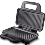 900W Electric Sandwich Maker with non-stick Teflon-coated aluminium grill plates in open position.