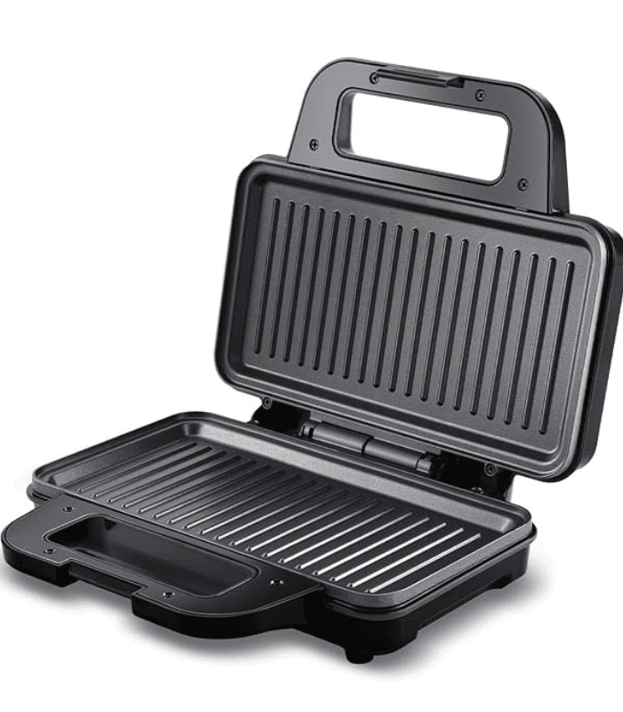 900W Electric Sandwich Maker with non-stick Teflon-coated aluminium grill plates in open position.