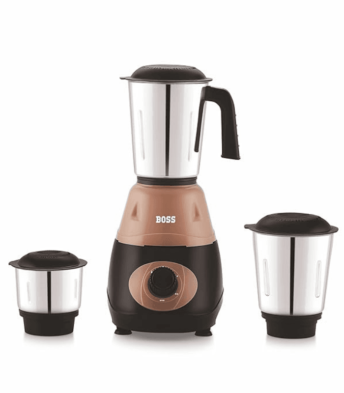 BOSS 500W mixer grinder with stainless steel jar, 20 cm width and 46 cm height, compact kitchen appliance for grinding and blending.