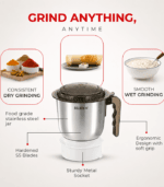 Sujata Powermatic Plus juicer mixer grinder featuring 900W motor, blender jar, grinding jar and stainless steel chutney jar