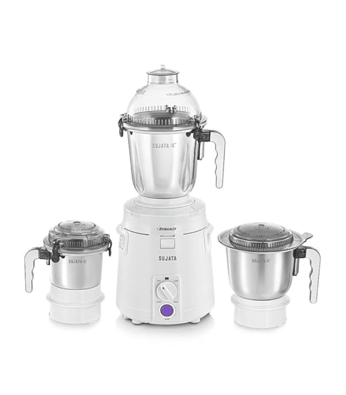 Sujata Dynamix 900W mixer grinder with three jars including blending jar, grinding jar, and stainless steel chutney jar for home kitchen use.