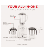 Sujata Supermix Mixer Grinder|900 Watts Double Ball Bearing Motor|22000 RPM|Non-Stop 90 Mins Running|3 Jars including 1750ml Blender, 1000ml Grinder, 500ml Chutney Jar| (White) - Image 3