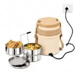 CELLO Newton 3 Tier Compartment Stainless Steel Electric Lunch Box For Office Use, Beige | Shock Proof & Cool Touch Outer Body, Rubber Grip Lift Handle Leakproof Stainless Steel Electric Lunch Carrier