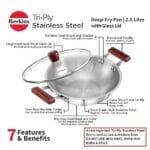 Hawkins 2.5 Litre Deep Fry Pan, Triply Stainless Steel Kadai with Glass Lid, Flat Bottom Induction Kadhai, Silver (SSD25G) - Image 4