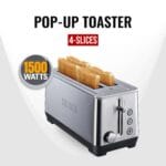 Sujata 1500 W Pop-up 4 Slice Stainless Steel PT12 Toaster | 7 Heating Modes | Cool Touch | Reheat and Defrost Function | High Lift Toast | Extra Wide Toast Slot - Image 2