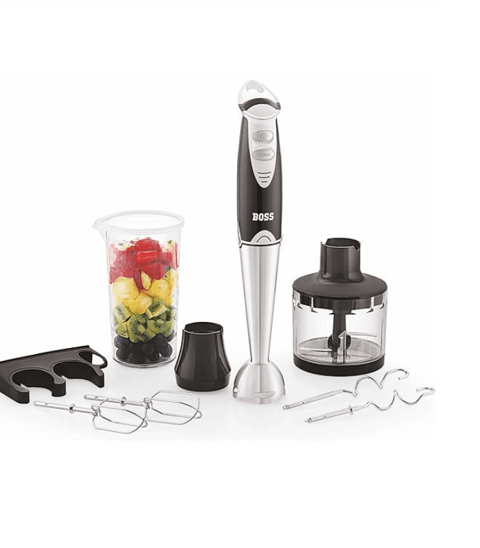 BOSS Quickmix B-117 450W hand blender set with chopper, measuring jar, beaters, dough hooks, and stainless steel blending shaft.