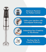 Boss 1200W immersion hand blender featuring variable speed control, turbo mode, chopper attachment and blending cup for chopping, mixing and pureeing.