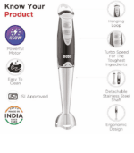 BOSS Quickmix B-117 450W hand blender featuring turbo speed, detachable stainless steel shaft, ergonomic design, and ISI approval.