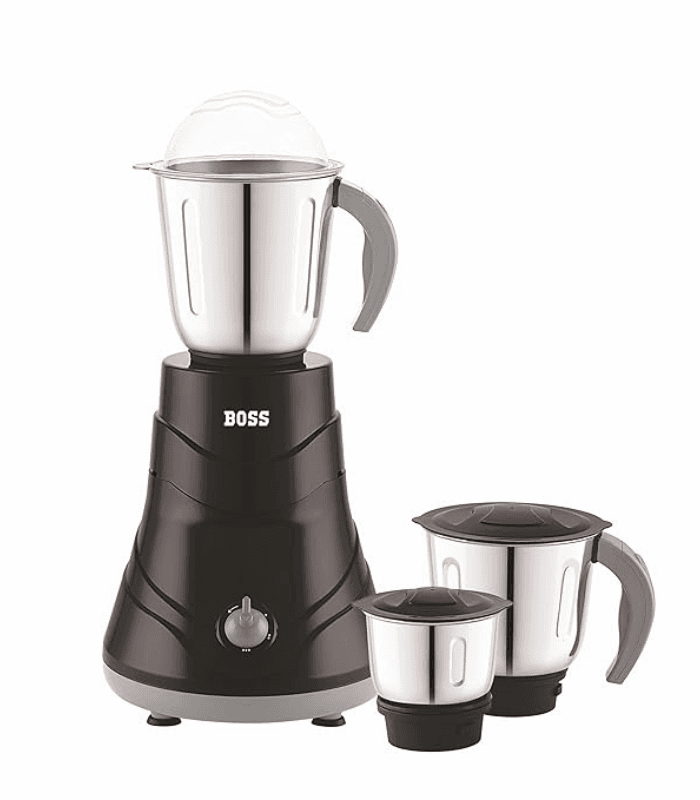 Boss 750W mixer grinder with stainless steel jars featuring advanced air ventilation system for superior airflow, efficient cooling, and long-lasting motor performance.