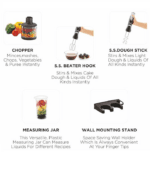 BOSS Quickmix hand blender accessories including food chopper, stainless steel beaters, dough hooks, measuring jar, and wall mounting stand.