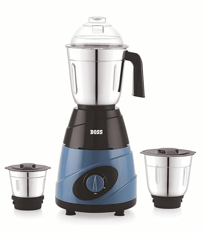 BOSS mixer grinder with three stainless steel jars, durable blue and black body, and modern compact design.
