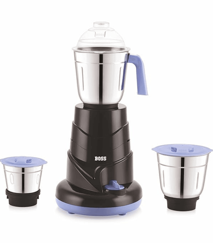 Boss mixer grinder with 3 stainless steel jars, black body and blue accents, ideal for dry grinding, wet grinding and chutney preparation.