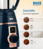 BOSS mixer grinder appliance with powerful motor, stylish blue finish, and three jars for blending, mixing, and grinding.