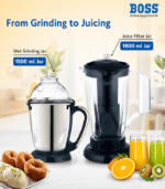 High-performance BOSS kitchen mixer grinder with multipurpose jars for grinding spices, chutneys, and smoothies.