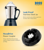 BOSS premium mixer grinder with stainless steel jars, powerful motor, and elegant blue finish for home kitchen use.