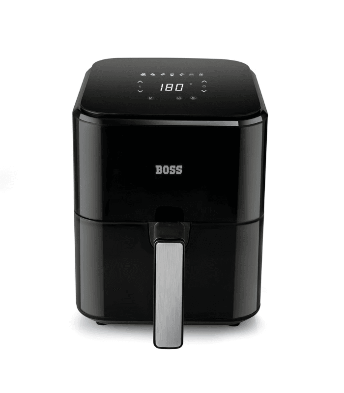 BOSS oil-free air fryer for healthy cooking with digital temperature display and removable frying basket.