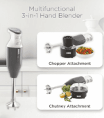 BOSS multifunctional 3-in-1 hand blender with chopper attachment and chutney attachment for chopping, grinding and blending.