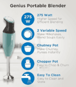 BOSS 275W portable hand blender featuring 2 variable speeds, chutney pot, chopper pot and easy-to-clean design.