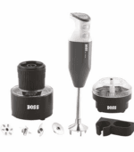 BOSS 3-in-1 hand blender set with stainless steel blender, chopper bowl, chutney jar and interchangeable blades.