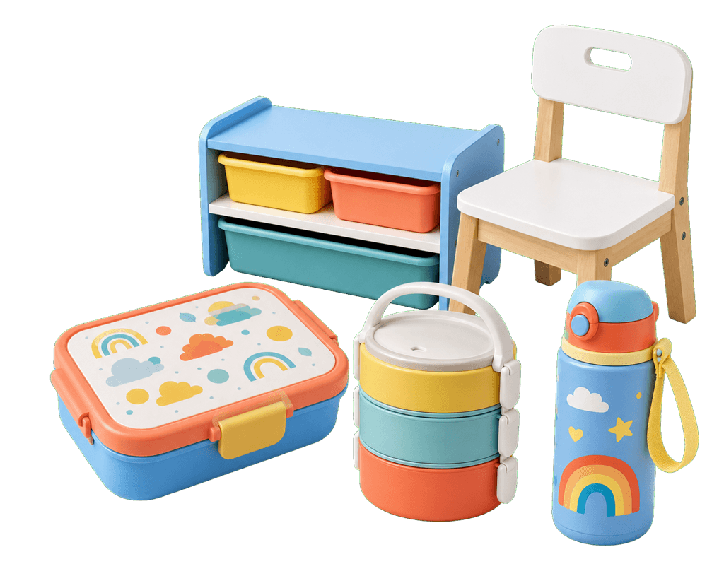Kids lunch box, tiffin, water bottle and child-size furniture