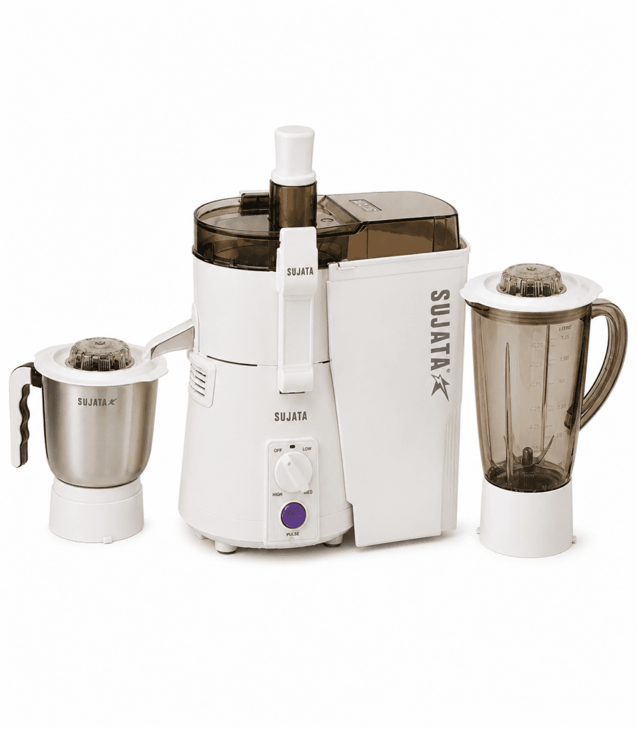 Sujata Powermatic Plus juicer mixer grinder with white body, transparent blender jar, stainless steel grinding jar and powerful 900W motor